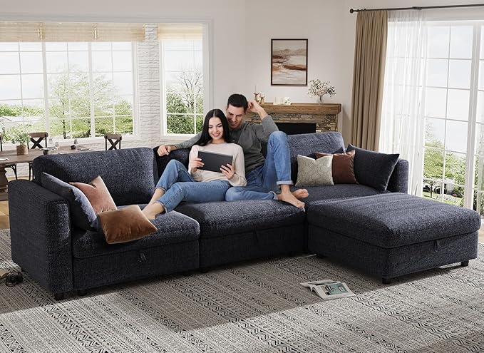 KKL Sofa Couches for Living Room - 113 L Shaped Modular Sectional Sofa with Adjustable Backrest Oversize Couch Down Filled Sectional Sofa with Storage Ottoman Chenille Blue