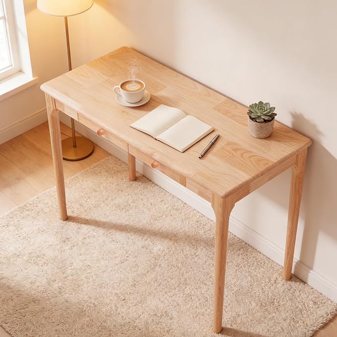 Natural Solid Wood Desk with Drawers Mid Century Modern Real Wood Writing Desk Home Computer Office Desks for Work Standing Desk for Bedroom Small Spaces (Wood Color 40×22(100×56cm))