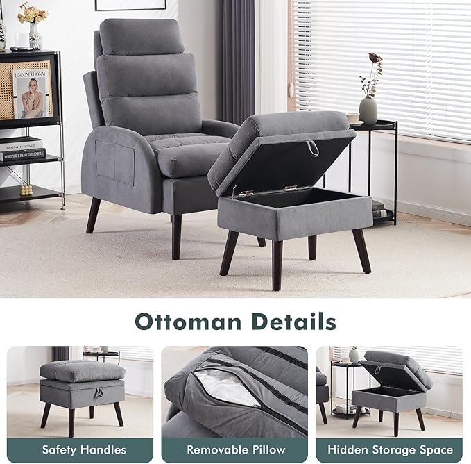 Accent Chair with Ottoman Comfy Reading Chair and Ottoman Set Modern Oversized Velvet Lounge Armchair with Adjustable Backrest for Living Room Bedroom Velvet Dark Grey