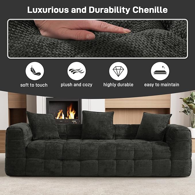 89.8 Chenille Cloud Sofa Couch with 3 Soft PillowsComfy Upholstered Chenille 3 Seater LoveSeat SofaModern Deep Seat Sherpa Cloud Couch Oversized Love Seat for Living RoomBlack Grey