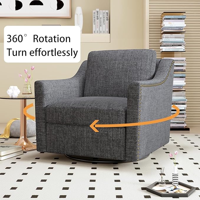 360 Degree Swivel Accent ChairUpholstered Armchair with Brass Nail DecorativeOversized Modern Comfy Reading ChairsCotton Linen Single Sofa Chair for Living RoomBedroom (Black+Gray)