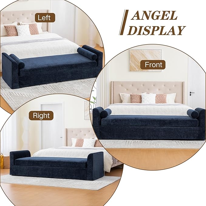 Mlmh &amp Kngwa Chaise Lounge Chair Indoor 90.6 Upholstered Oversized End of Bed Bench with 2 Pillows &amp Armrests Comfy Sleeper Couch Daybed Bench for Bedroom Living Room Chenille Navy
