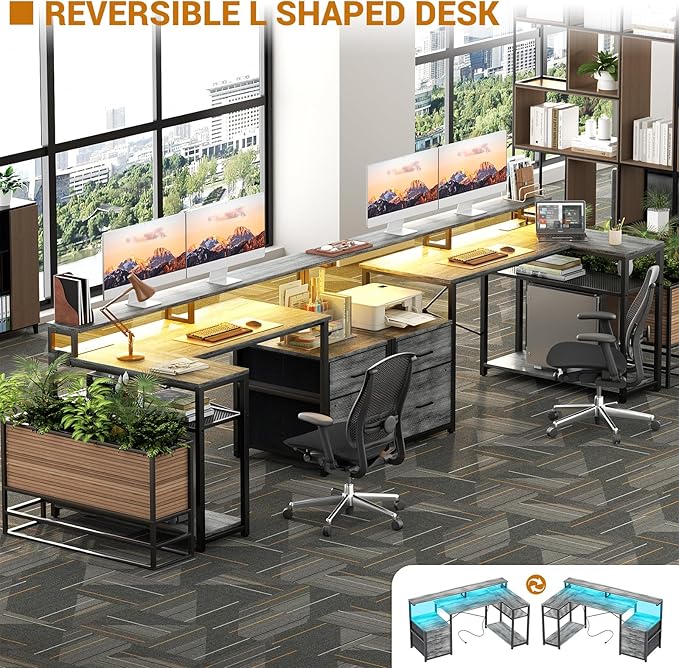 Aheaplus L Shaped Desk with File Drawer Reversible L Shaped Computer Desk Gaming Desk with Power Outlet &amp LED Strip Home Office Desk with Monitor Shelf Corner Desk with Storage Shelves White O