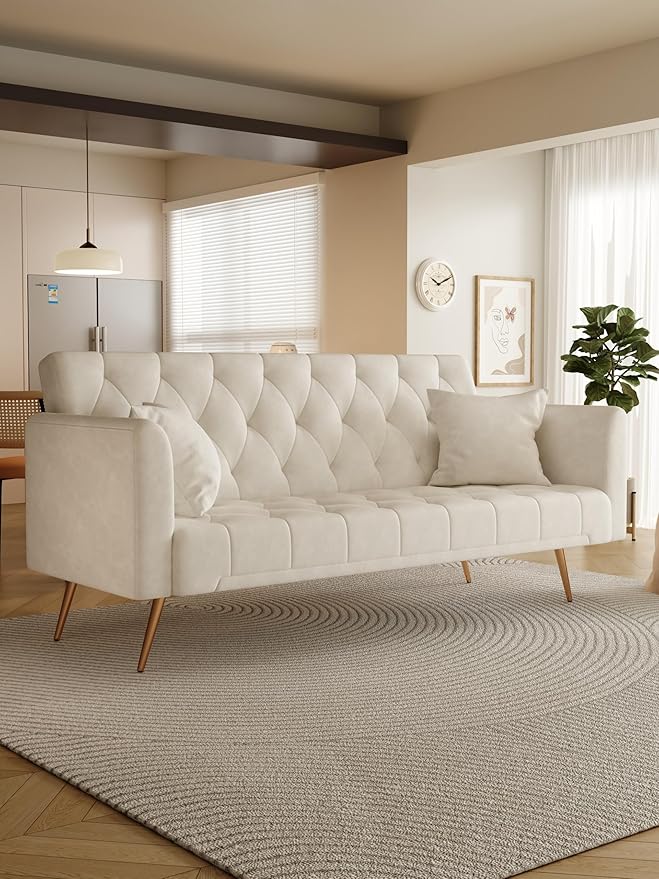 71 Convertible Velvet Futon Sofa Bed Loveseat with Multiple Adjustable BackrestsModern Sleeper Couch with Golden Metal Legs for Living RoomApartmentOfficeBeige