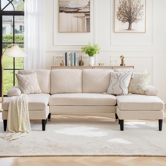 101 U-Shape Sectional Couch for Living Room 4 Seat Sofa with Removable Pillows Modern Chenille Fabric Sets with Double Chaise Lounges for Apartment&ampSmall Space Beige
