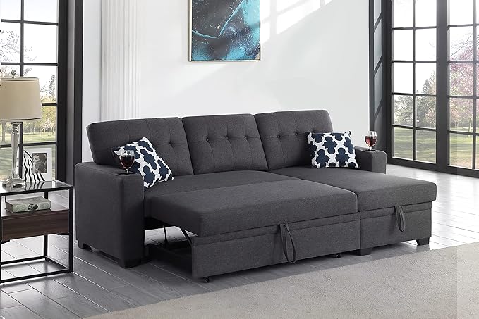Ball &amp Cast L-Shape Reversible Sectional Sleeper Sofa Bed 4 in 1 Pull Out Couch with Storage Chaise Cupholder Armrests &amp Removable Back Cushions Convertible Sleeper Corner Couch for Living Roo