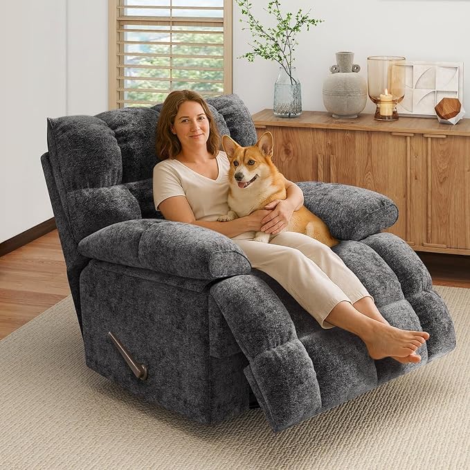 Oversized Rocker Recliner Chair for AdultsOverstuffed 360° Swivel Rocking Recliner Extra Wide Breathable Fabric Manual Reclining Single Sofa for Living Room (Gray)