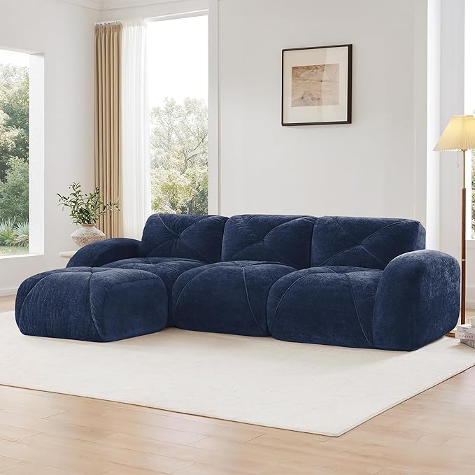 110-Inch Cloud Sectional Couches L-Shaped 4 Seat Boneless Modular Sofa with Ottoman Velvet Tufted Upholstered Boneless Couch Floor Full Foam Sofas for Living Room
