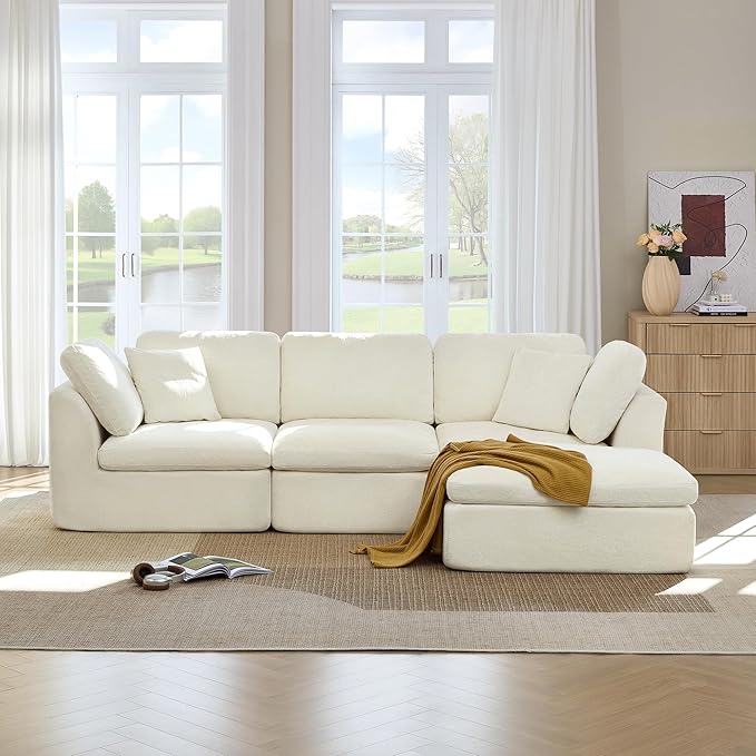 CHITA 108 Cloud Sectional Couches for Living Room Boneless L-Shape Sofa with Ottoman 3 Seater Modular Sectional Sofa Cream