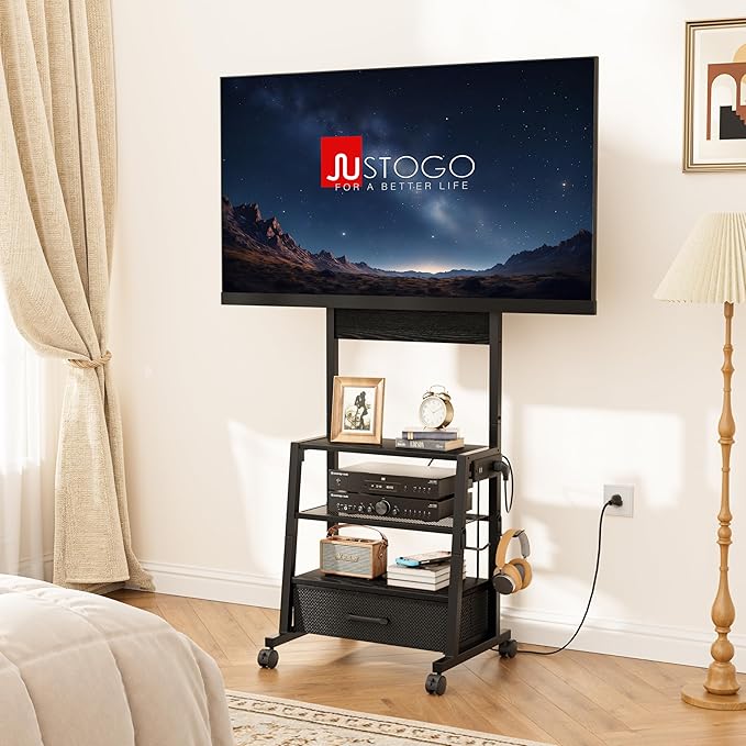 Rolling TV Stand with Wheels and Mount - Small Corner TV Stand with Power Outlet for 32-55 inch TV Entertainment Center with Fabric Drawer Storage for Living Room Bedroom Black
