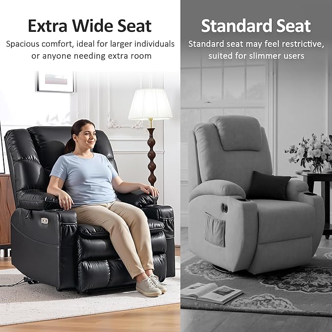 MCombo Oversized Triple Motor Power Lift Recliner Chair with Massage and Dual Heating Adjustable Headrest for Big and Tall Elderly People Faux Leather R7635 (Black Large-Oversize)