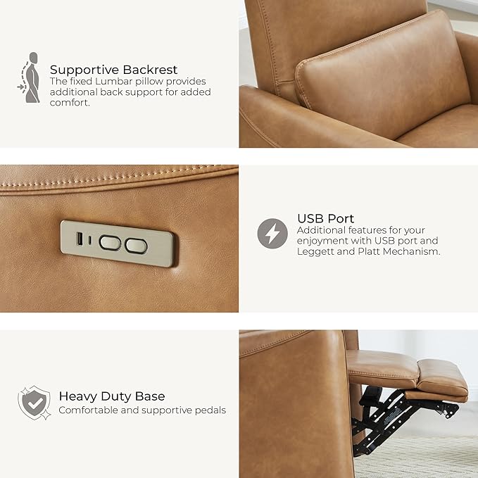 CHITA Power Recliner Chair Swivel Glider FSC Certified Upholstered Faux Leather Living Room Nursery Reclining Sofa Chair with Lumbar Support Cognac Brown