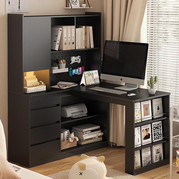 Anwick L Shaped Desk with Hutch Corner Computer Desk with Charging Station &amp Bookshelf &amp File Drawer Standing L Shape Desks for Home Office Bedroom Gaming Room Study Room (Black)