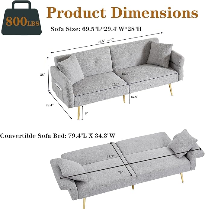 Grey Modern Teddy Velvet Convertible Folding Futon Couch Sofa Bed Adjustable Pillow Top Arm Memory Foam Couch Double Love Seat Sofa for Compact Space Dorm Apartment Bedroom Loveseat (Grey)