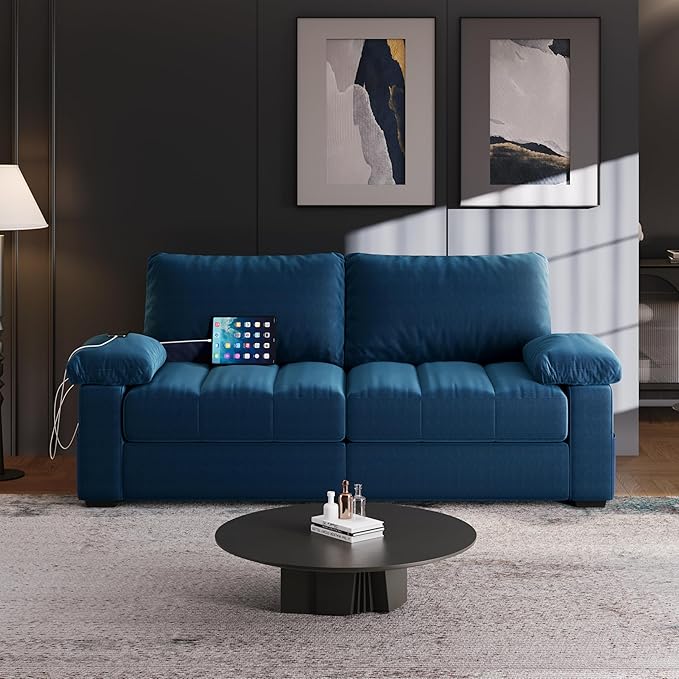 Yaheetech 79 Velvet Futon Sofa with Storage Pockets &amp USB Ports Removable Armrest Pillow &amp Cover Modern Comfy Loveseat Couch for Living Room Apartment Bedroom Blue