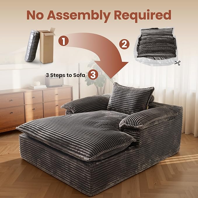 ovios 67 Boneless Lounge Chaise with Cloud Plush Sofa Bed No Assembly Required Fluffy Modern Sleeper Single Chair for Indoor Living Room Bedroom Reading (Grey (Plush Corduroy Fabric)) | No Assembly