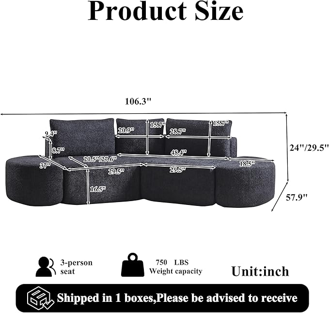 106“ Boneless Chenille V-Shaped Modular Sofa Set Three Throw Pillows 3-Seater Sofa Two Curved Ottomans Combination Couch for Living Rooms (Black 106 Right Chaise)