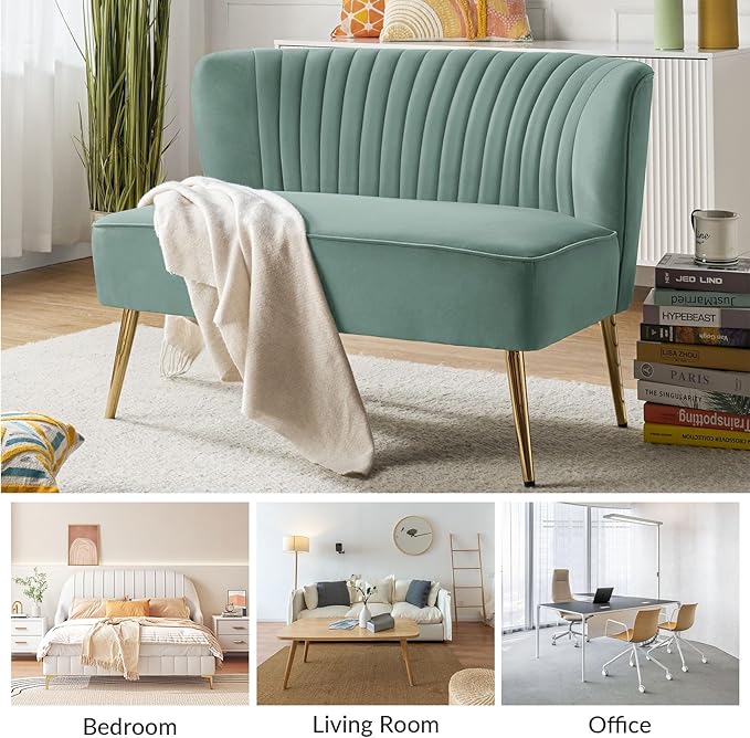 HULALA HOME Velvet Loveseat Sofa with Gold Legs Mid-Century Modern Upholstered Love seat Couch Tufted Small 2-Seat Sofa Armless for Living Room Bedroom Apartment Small Spaces SAGE