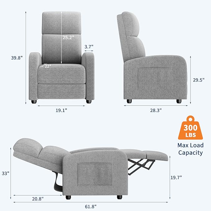 Recliner Chair for Adults Adjustable Push Back Reclining Chair Padded Seat &amp Lumbar Support Fabric Upholstered Single Sofa with Side Pocket for Living Room Bedroom Home Theater