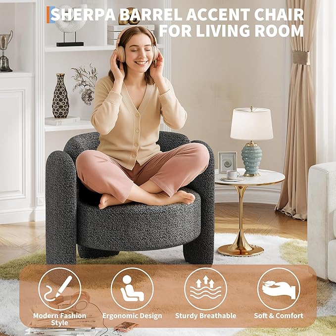 Modern Accent Barrel Chair Sherpa Upholstered Boucle Barrel Club Chair with Curved Backrest Rubberwood Frame Foot Pads Mid Century Single Armchair for Living RoomBedroomWaiting Room(Grey)