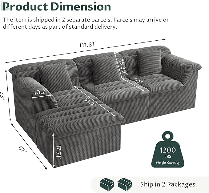 112 Modular Cloud Sectional Couch with Ottoman Modern Upholstered Compressed Sofa with Deep Seat Comfy L-Shape Corduroy Couches for Living Room No Assembly Required Dark Gray