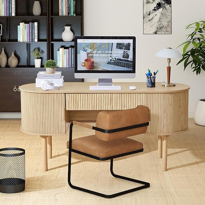 ORRD Home Office Oval Desk with Sliding Tambour Door and Drawer Modern Fluted Wood Executive Computer Storage Desk for Study Living Room Bedroom Office - Natural