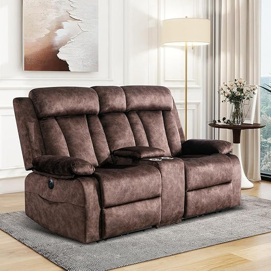 Reclining Loveseat-Power Reclining Loveseat with ConsoleDouble Recliner Loveseat with Heat and MassageElectric Loveseat Recliner with Cup HoldersUSB &amp Type-C Charge Ports for Living RoomRV