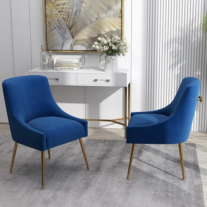 Dining Chairs Set of 6 Modern Velvet Dining Room Chairs with Gold Legs Upholstered Accent Chairs for Living Room/Restaurant/Study Room(Navy)
