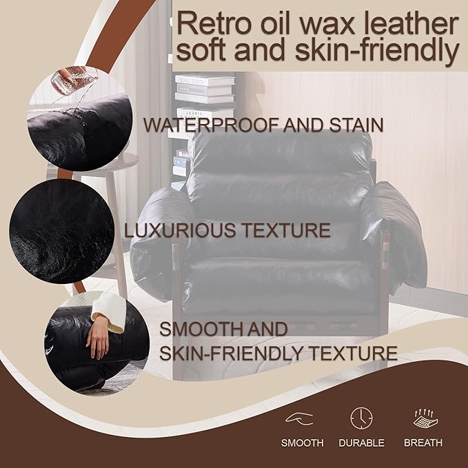 Leather Accent Chair Mid Century Modern Lounge Chair with Removable Armrests Oil Wax Faux Leather Armchair for Living Room Bedroom Office (Antique Black)