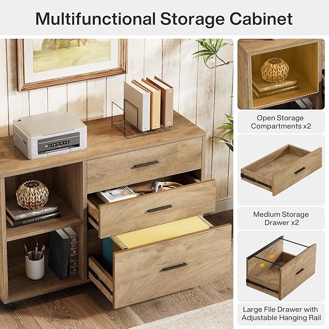 Tribesigns 63 L Shaped Desk with Storage Executive Office Desk with Mobile Lateral File Cabinet Combo Large Computer Table with Drawers and Shelves Business Furniture Set for Home Office Brown