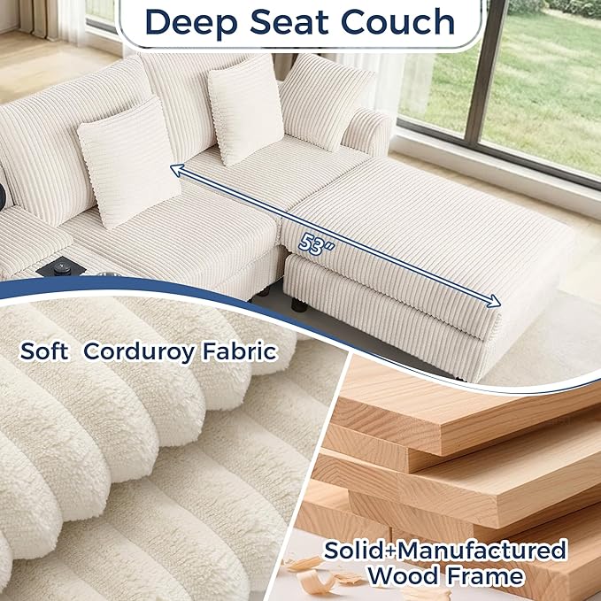114 Corduroy L-Shaped Sectional Sofa w/Speakers &amp USB Charging Comfy Reclining Deep Seat Couch w/Ottoman Cup Holders for Living Room Home Theater (Beige 114in)