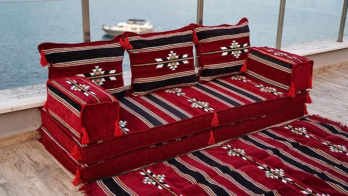 arabicsofa Maroon Turkish Low Floor Seating Sofa – Traditional Arabic Majlis Cushions