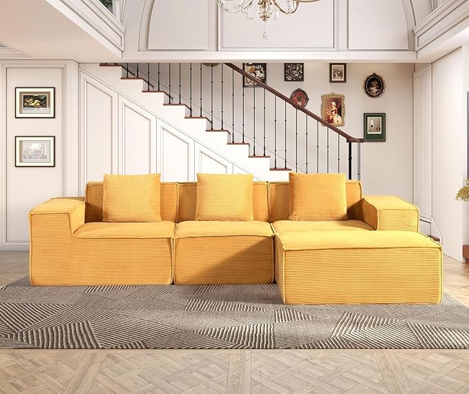 Harper Convertible Corduroy Sectional Couch with Ottoman &amp Pillows Modular L Shaped Sleeper Sofa Boneless Cloud Couch for Living Room Furniture Ginger Yellow