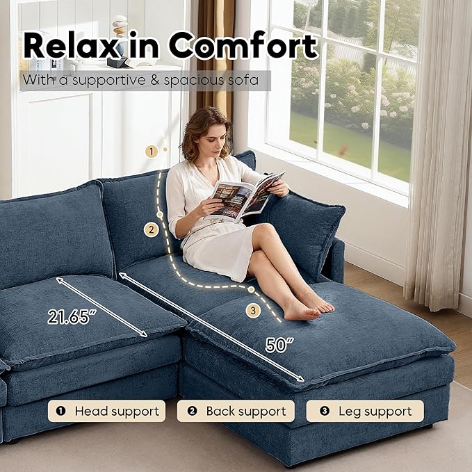 130.7 U Shaped Modular Sectional Sofa Comfy Upholstery Chenille Cloud Couch with Ottoman Modern 6-Seat Deep Seat Sofa with Pillow for Living Room Bedroom Apartment Navy Blue