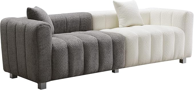 87.4'' Modern 3-Seater Sofa Bubble Couch for Living RoomTeddy Bouclé Velvet Deep Seat Sofa Couch Fluffy Loveseat Sofa with 6 Metal Base Legs for Bedroom/Home/Office(White-Grey)
