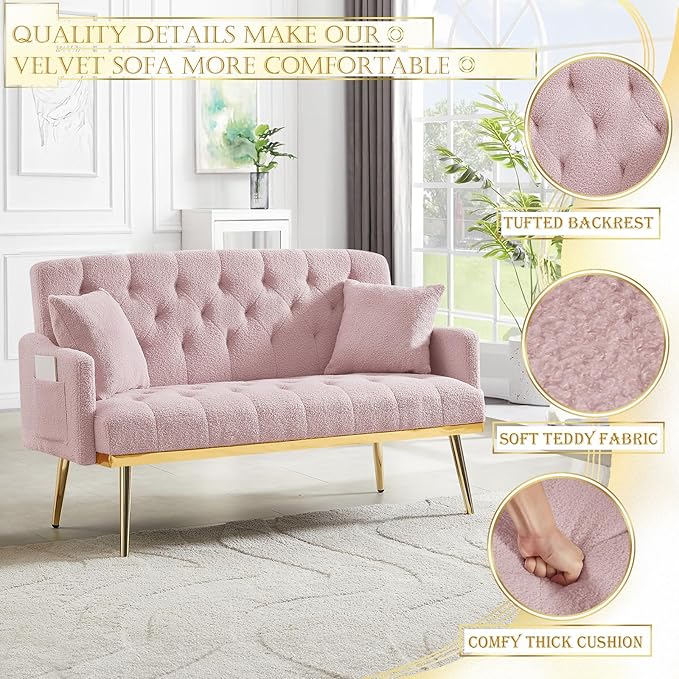 Upholstered Loveseat Sofa Modern Small Couch with Side Pocket and Golden Metal Legs Tufted Leisure Sofa for Living Room Bedroom Office Pink Teddy