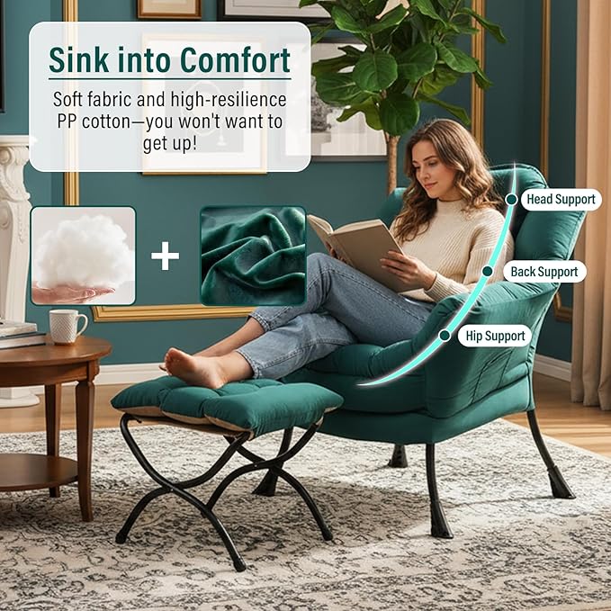 Lazy Chair with Ottoman Modern Accent Chairs with Folding Footrest Velvet Dark Green Sofa Chair Set Reading Chairs Oversized Armchairs for Bedroom Study Living Room Courtyard