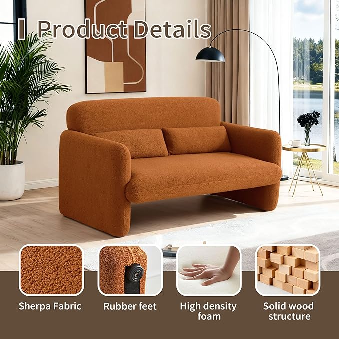 59.1 Boucle Modern Sofa Couch 2 Seater Sherpa Lamb Fabric Loveseat Comfy Upholstered Couch Leisure Lounge Sofa with 2 Waist Pillow for Bedroom Office and Living RoomOrange
