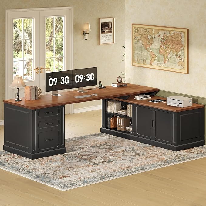 SEDETA Farmhouse L Shaped Desk with Drawers 70.9 Home Office Desk with Storage Cabinet and Storage Shelves L Shaped Computer Desk with Power OutletBlack