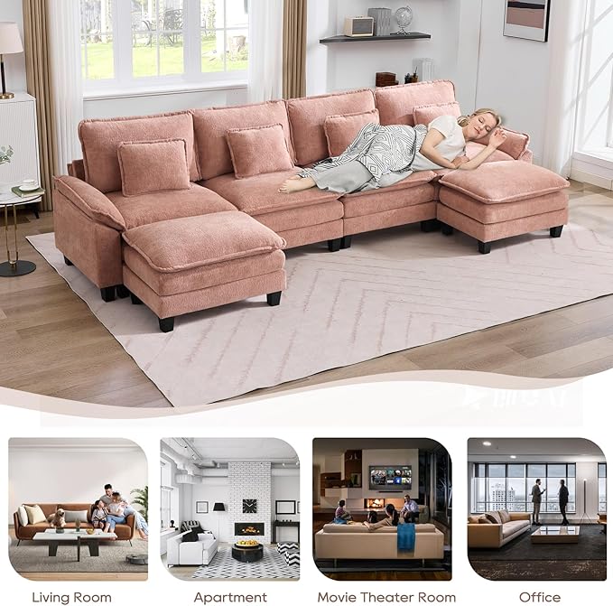 IPKIG 154 Modular Sectional Sofa Velvet U-Shaped Sectional Couch Comfy Upholstered Seat Sofa with Ottoman Deep Seat Cloud Couch Sofa for Living Room Pink | 2 Layer Cushion Cloud Couch Modular Se
