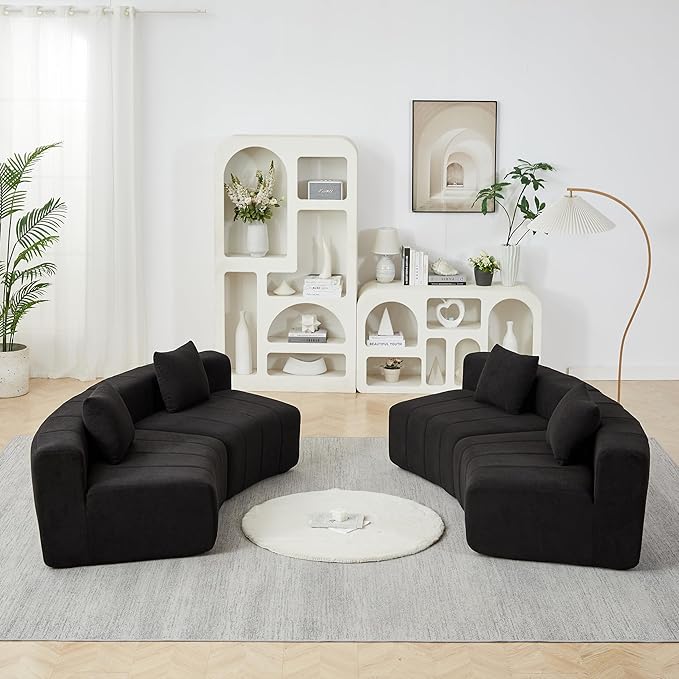 KEIKI Chenille Curved Sectional Sofa 4 Seat Symmetrical Modular Semi Circular Couch Deep Seat Tufted Corner Sofa for Living Room Office Black