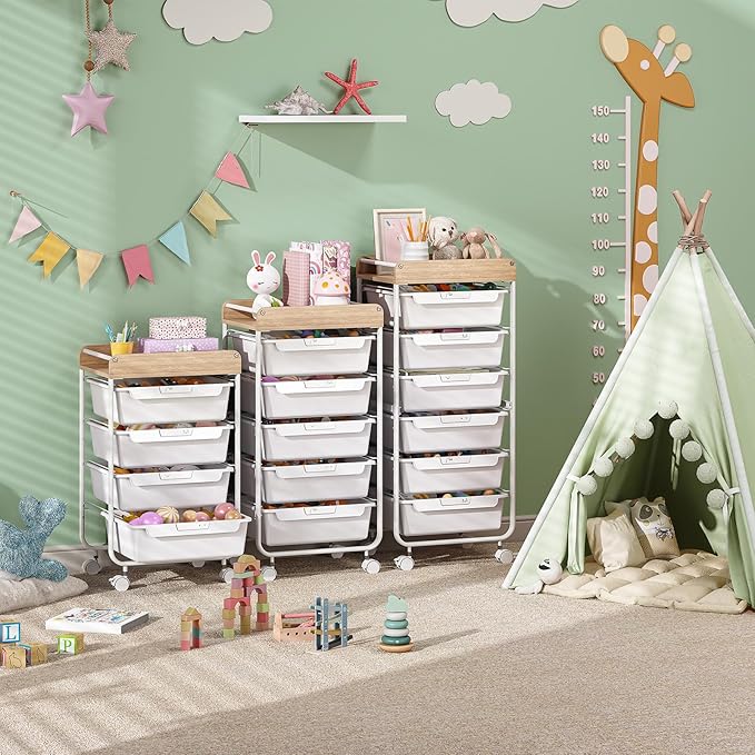 Rolling Cart with 5 DrawersArt Craft CartStorage Utility Cart with WheelsMakeup Organizer with Wooden TabletopWhite