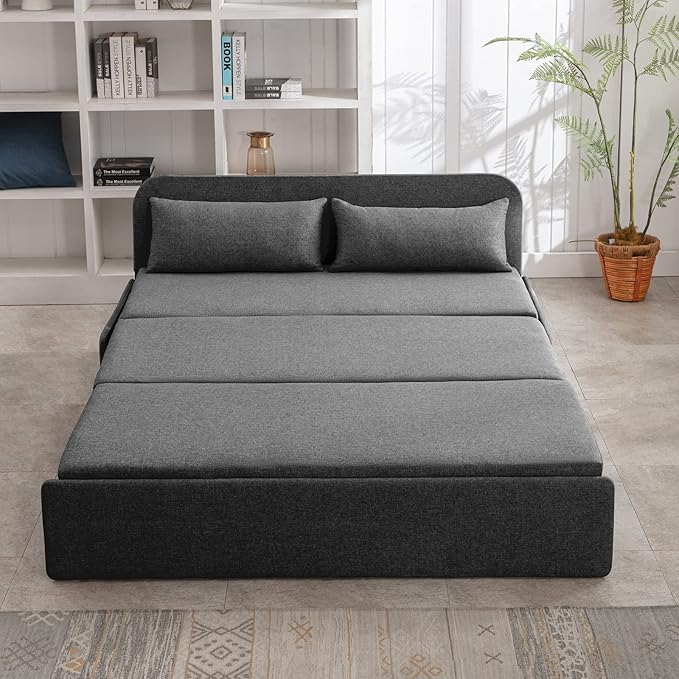 PUREMIND Queen Size Pull Out Sofa Bed Linen Convertible Sleeper Sofa with Foldable Mattress Loveseat Pullout Couch Bed with 2 Cushion for Small Place Apartment Office - Dark Gray