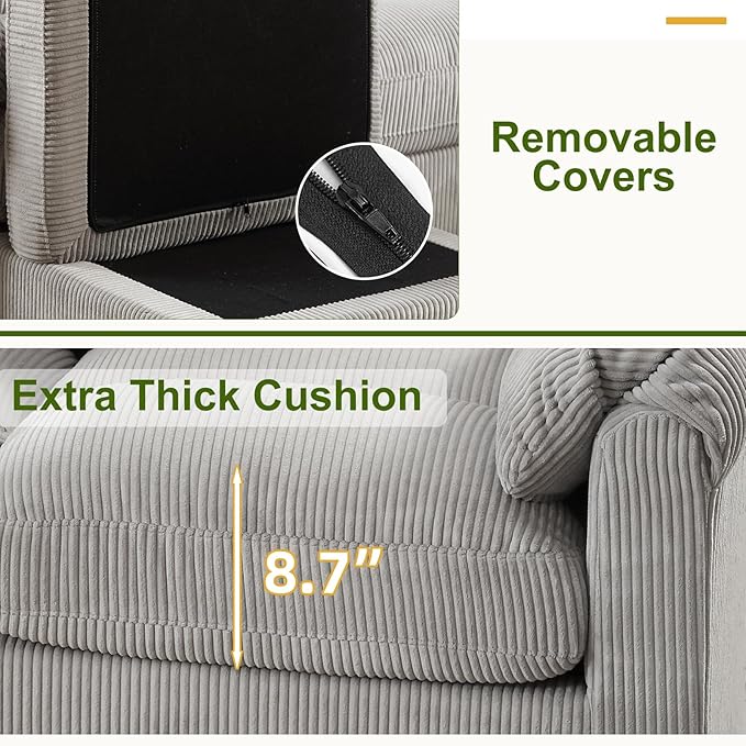 90 Wide Modular L Shaped Sofa Couch with Movable Ottoman Convertible Corduroy Sectional Couches with Reversible Chaises and Rolled Arm for Living Room Grey