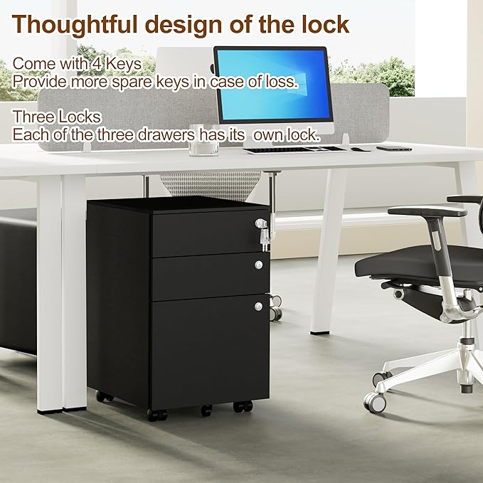 3 Drawers File Cabinet with 3 Lock Mobile Metal Filing Cabinet Fully Assembled Except Casters for Home Office for A4 Letter Legal File Folders Black