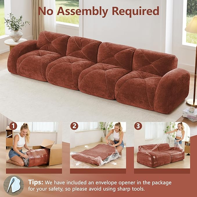 Boneless Couch Sectional Couches for Living Room 140.9'' Cloud Couch with Deep Seat Comfy Soft Velvet Modular Sectional Sofa Modern Oversized 4-Seater Boneless Sofa No Assembly Red