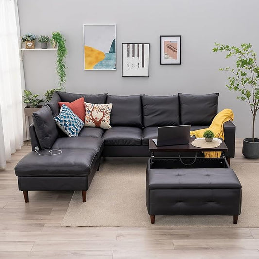 Panana 5 and 6 Seater Convertible Sectional Sofa CouchL-Shape with Universal Corner and Bulit-in USB Charging Port Chaise (Black Leather Look Fabric 6 Seater Corner with Built-in USB Port Chaise)
