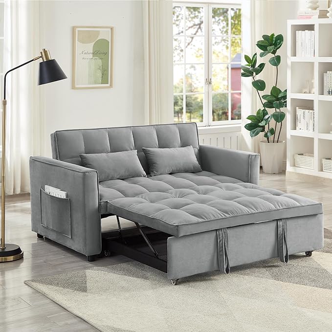 Loveseat Sleeper Sofa 3 in 1 Convertible Sofa Bed Adjustable Backrest Comfy Pull Out Couch Modern Upholstered Sofa for Living Room Bedroom Apartment Small Space (a-Grey)