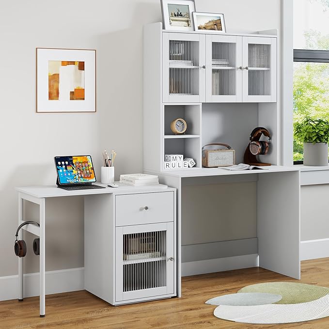 Computer Desk with Glass Door Home Office DesksConvertible Executive Desk with Bookshelf &amp HutchWriting Secretary Table with 90 Degree Rotating DesktopLarge Working Space