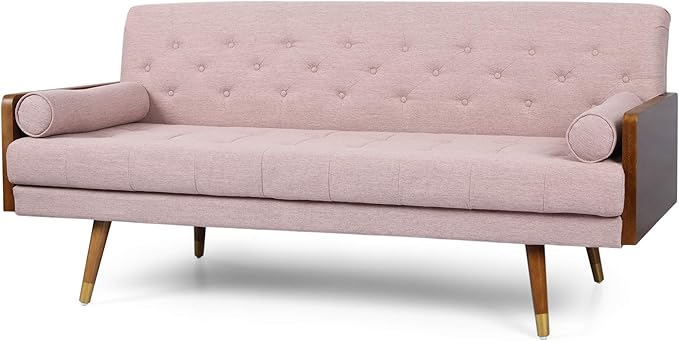 GDFStudio Aidan Mid-Century Modern Tufted Fabric Sofa Light Blush and Dark Walnut
